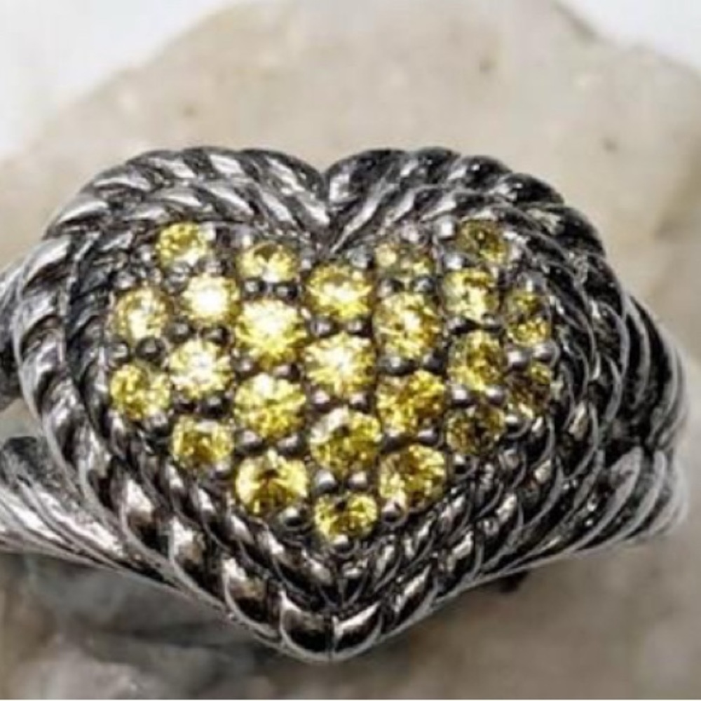 Judith Ripka 925 Sterling Yellow Cubic Zirconia heart ring size 10